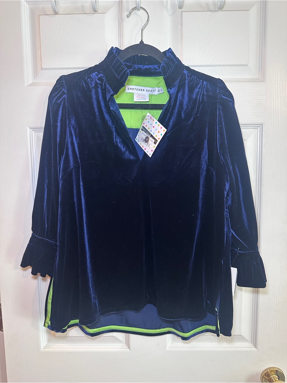 Gretchen Scott Navy Velvet Ruffle-Trim Top
